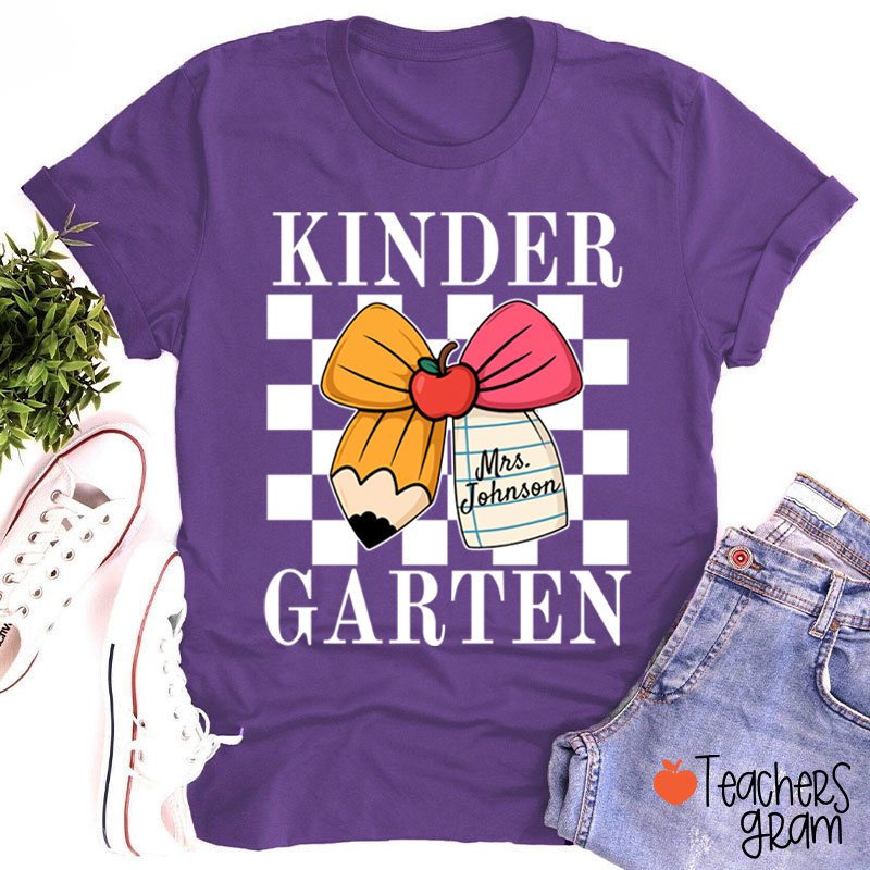 Personalized Grade And Name Pencil Bow Checkered Teacher T-Shirt