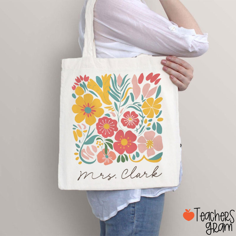 Personalized Name Flower Floral Teacher Tote Bag