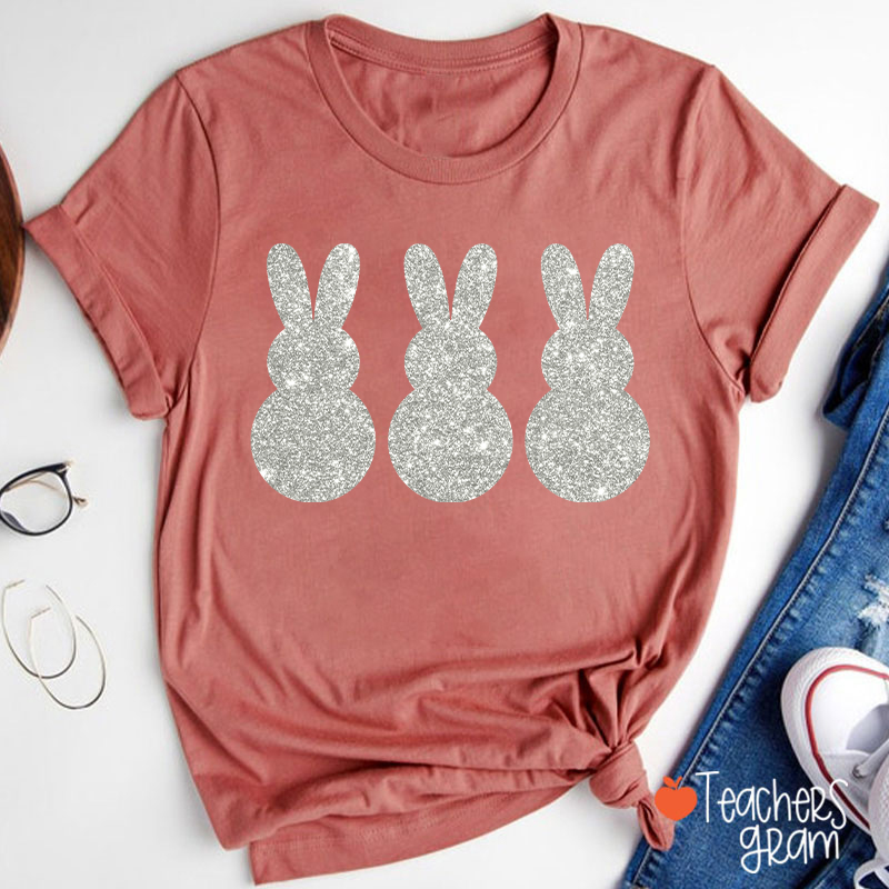 Three Glitter Cute Bunnies Teacher T-Shirt