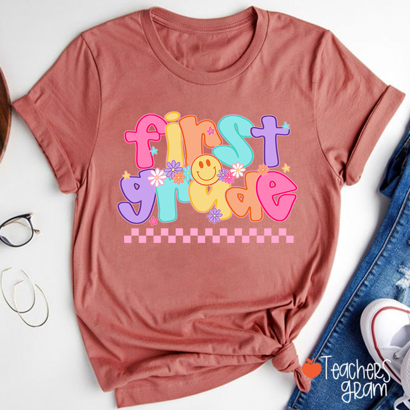 Personalized Grade Candy Color Fonts Checkered Teacher T-Shirt