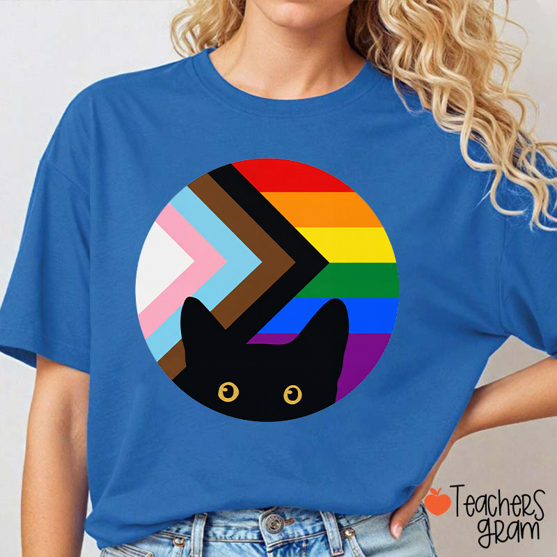 Rainbow And Black Cat Teacher T-Shirt