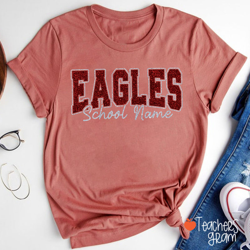 Personalized Mascot School Name Glitter Teacher T‑Shirt