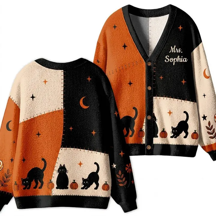 Personalized Name Patchwork Halloween Cat Teacher Ugly Cardigan Sweaters