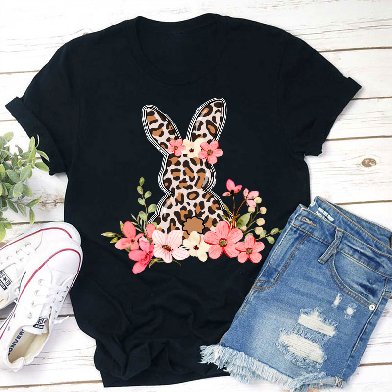Leopard Floral Bunny Teacher T-Shirt