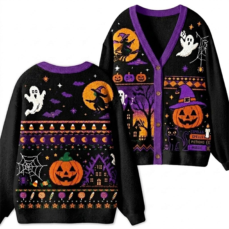 Retro Ugly Halloween Black Cat Bat Spider Web Teacher Ugly Cardigan Sweaters