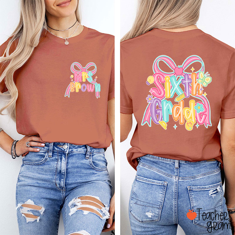 Personalized Name And Grade Pink Bow Teacher Two Sided T-Shirt
