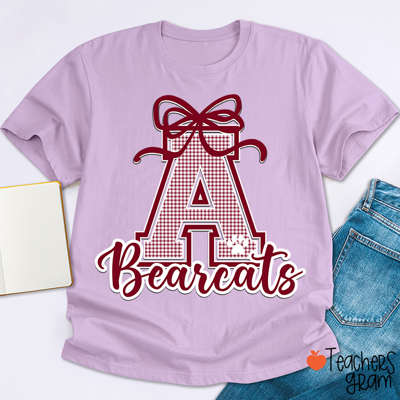 Personalized Mascot Gingham Varsity Coquette Bow Teacher T-Shirt