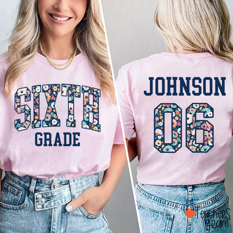 Personalized Grade And Name Floral Fonts Teacher Two Sided T-Shirt