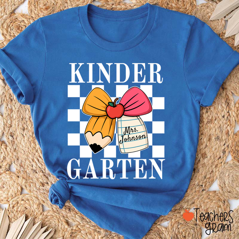 Personalized Grade And Name Pencil Bow Checkered Teacher T-Shirt