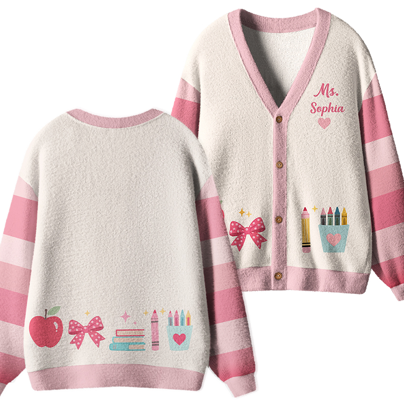 Personalized Name Apple Book Pencil Teacher Ugly Cardigan Sweaters