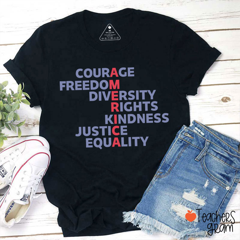 Courage Freedom Diversity Right Kindness Justice Equality America Teacher T-Shirt