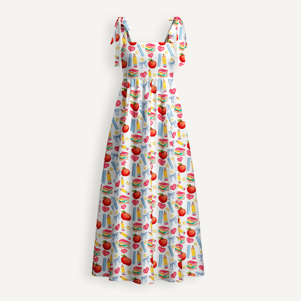Apple Pencil Books Bow Teacher Tie Shoulder Dress