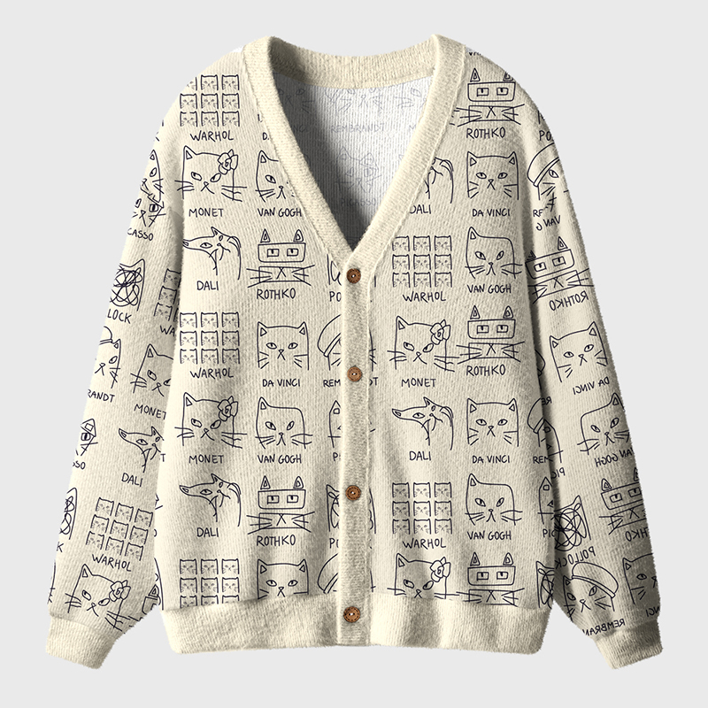 Artistic Cats Inspired By Famous Painters Teacher Ugly Cardigan Sweaters