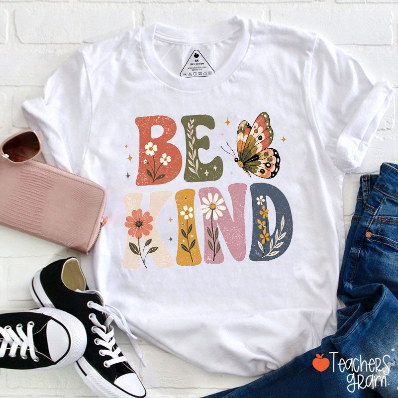 Be Kind Floral Butterfly Retro Flower Teacher T-Shirt