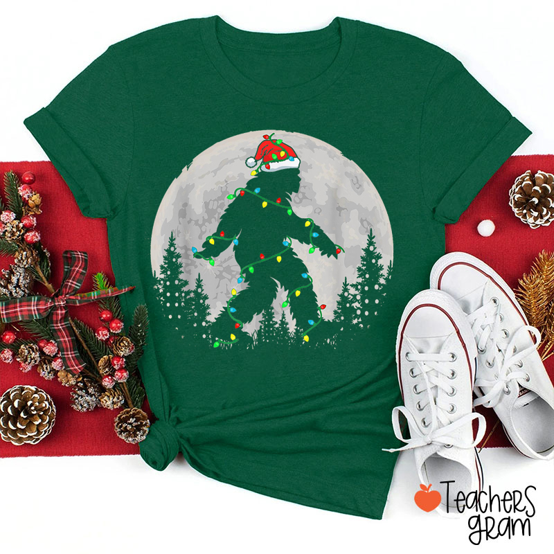 Bigfoot Santa Christmas Lights Teacher T-Shirt