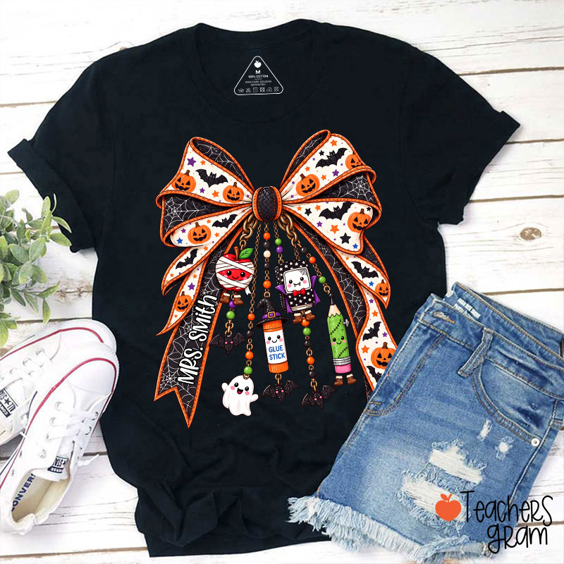 Personalized Name Spooky Charm Bow Teacher T-Shirt