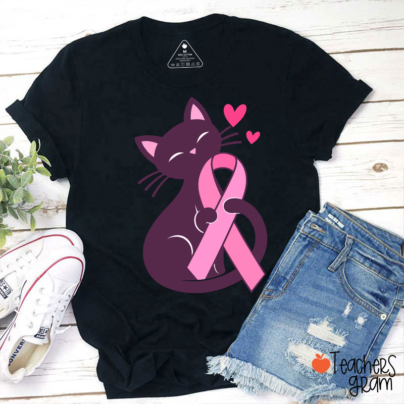 Black Cat Pink Ribbon Love Teacher T-Shirt
