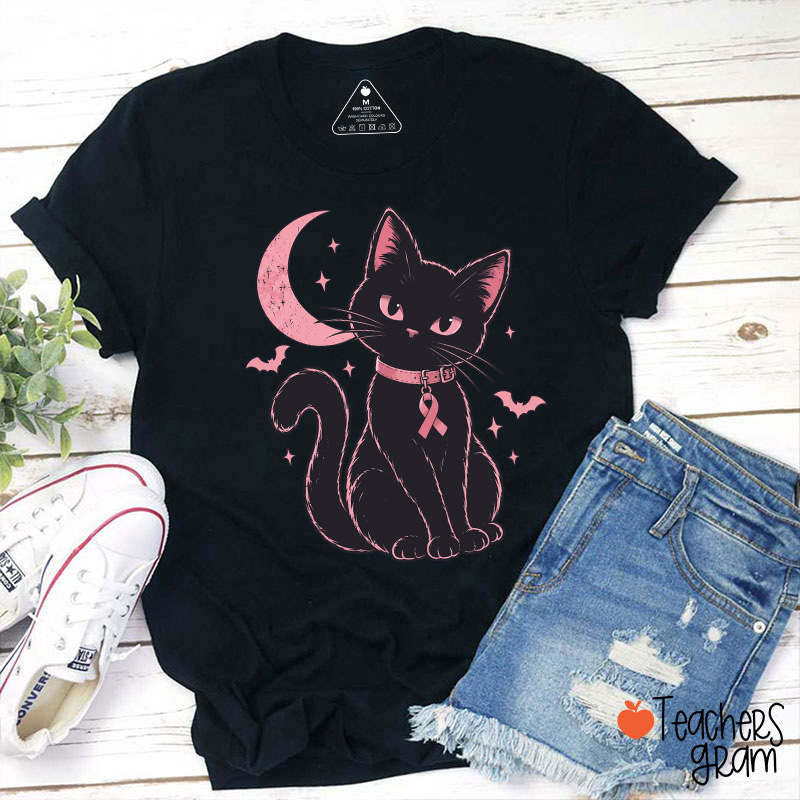 Halloween Pink Ribbon Cat Teacher T-Shirt-Teachersgram