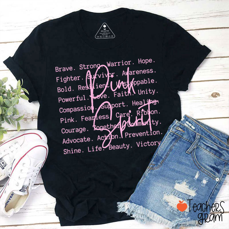 Pink Spirit Motivational Word Collage Graphic Teacher T-Shirt
