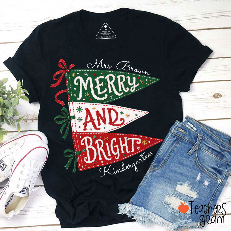 Personalized Name And Grade Merry And Bright Teacher T-Shirt