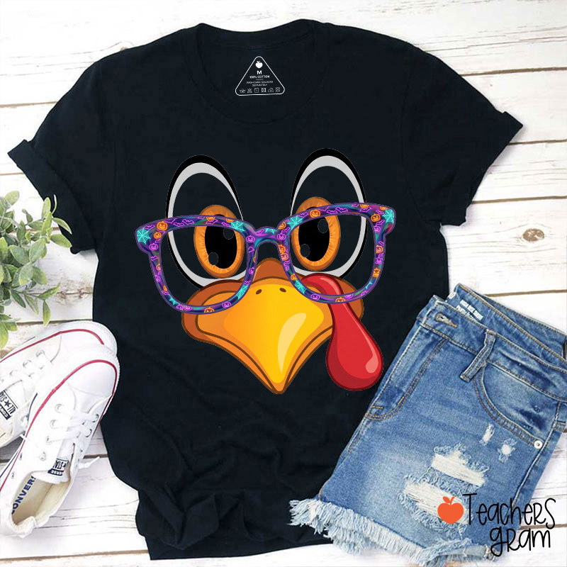 Cute Turkey Face With Glasses Thanksgiving Teacher T-Shirt