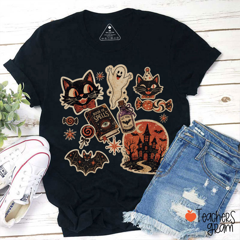 Vintage Black Cat Ghost Witchy Haunted House Teacher T-Shirt