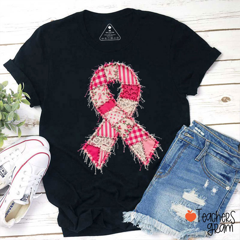 Faux Patchwork Pink Ribbon Awareness Teacher T-Shirt