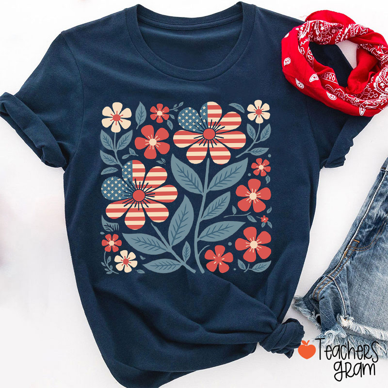 Boho Patriotic Daisy Teacher T-Shirt