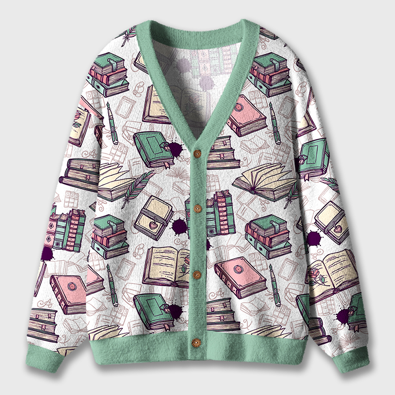 Book Feather Fountain Pen Teacher Ugly Cardigan Sweaters