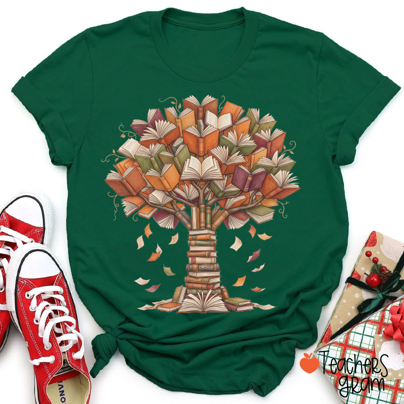 Book Tree Reading Fall Leaves Teacher T‑Shirt