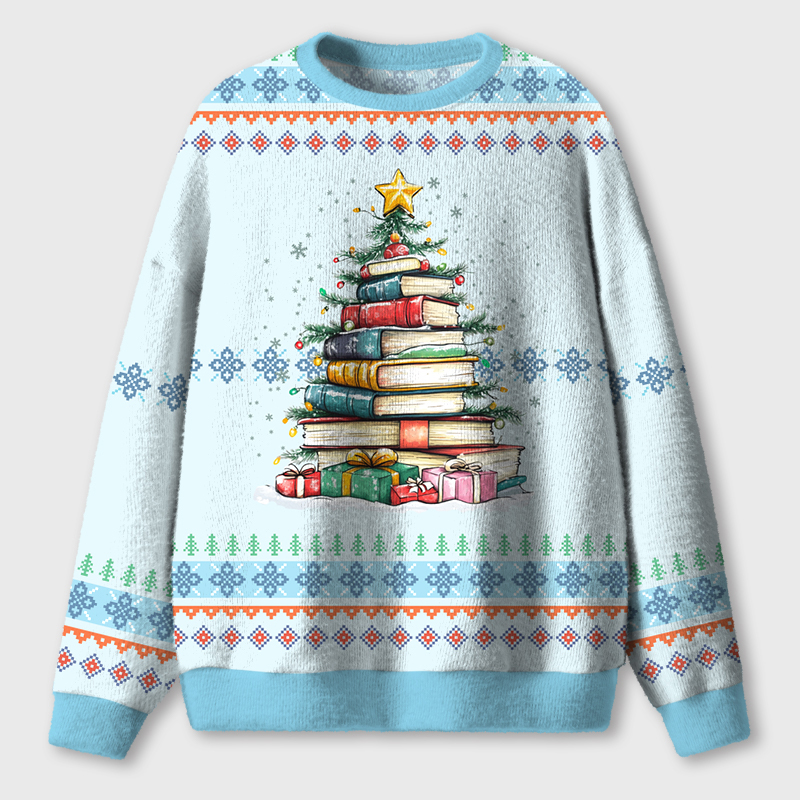 Books Christmas Tree Teacher Ugly Fluffy Christmas Sweater