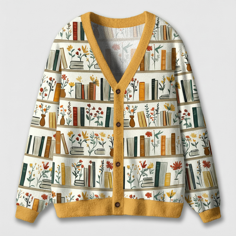 Bookshelf Flowers Teacher Ugly Cardigan Sweaters