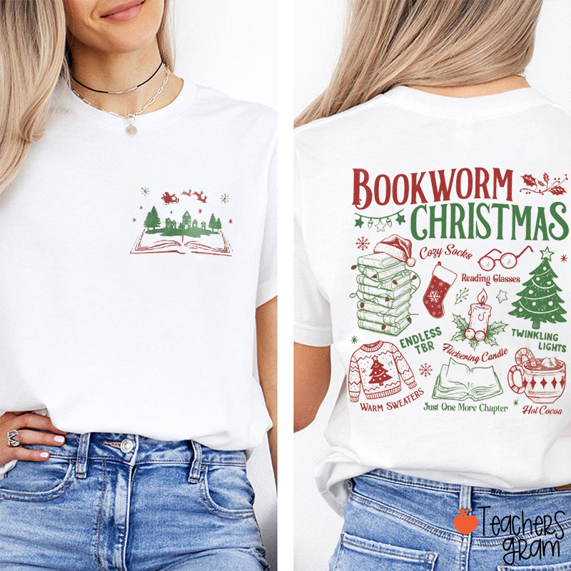 Bookworm Christmas Teacher Two Sided T-Shirt