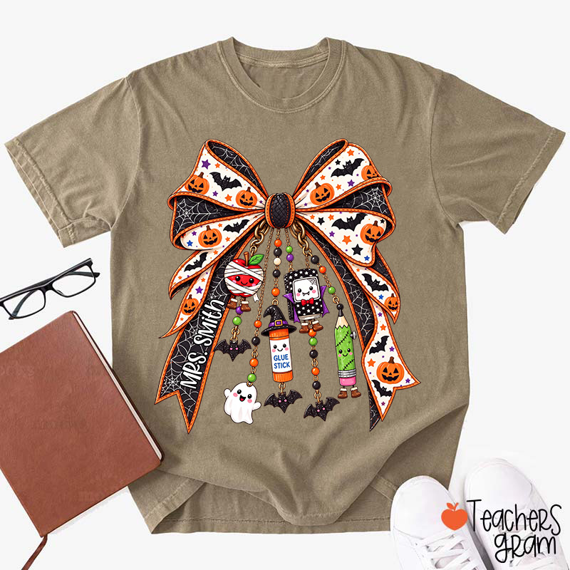 Personalized Name Spooky Charm Bow Teacher T-Shirt