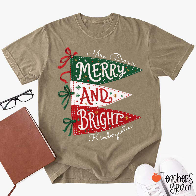 Personalized Name And Grade Merry And Bright Teacher T-Shirt
