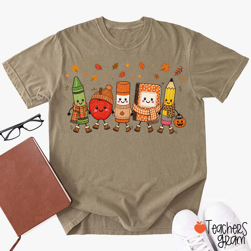 Cartoon Crayon Apple Book Pencil Teacher T-Shirt
