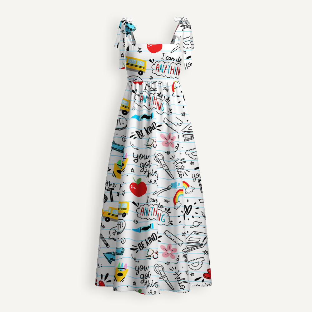 Cartoon Stationery Teacher Tie Shoulder Dress