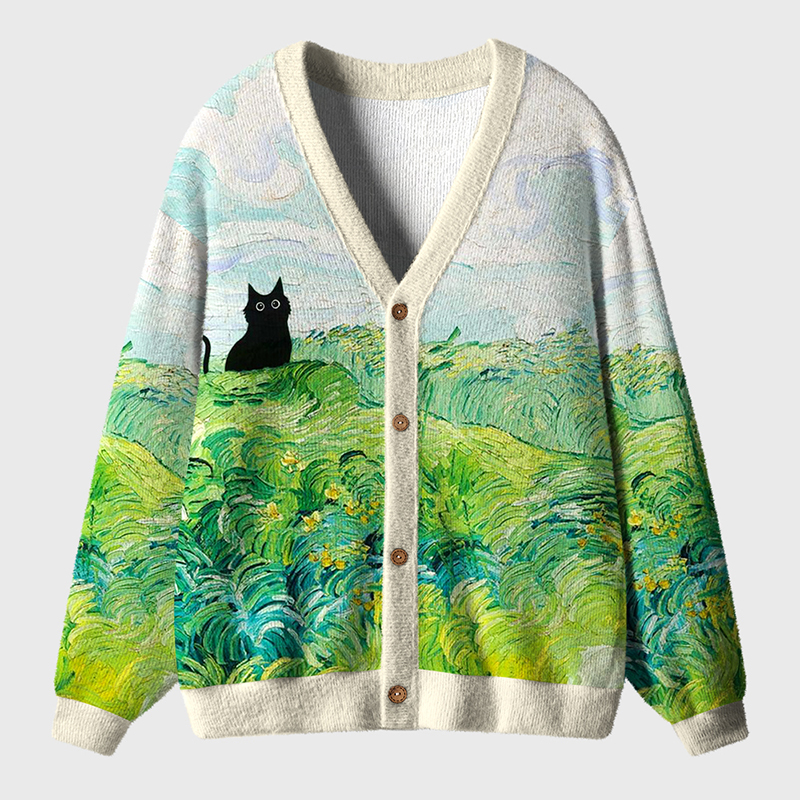 Cat In The Field Teacher Ugly Cardigan Sweaters