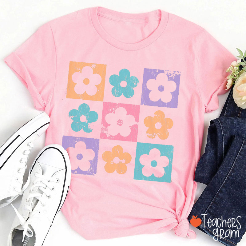 Checkered Flowers Teacher T-Shirt