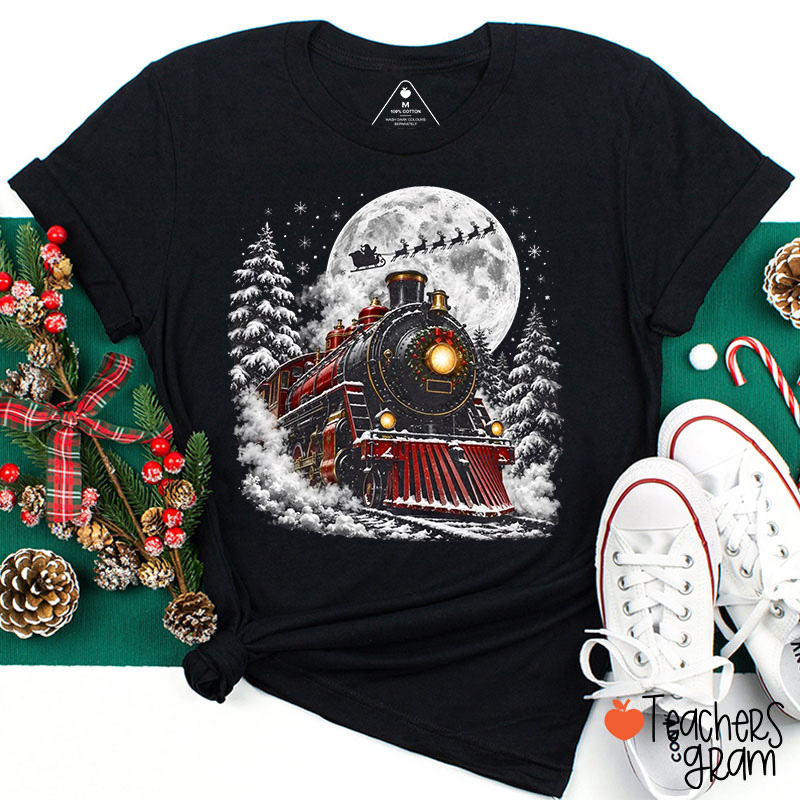 Christmas Polar Express Steam Train Santa Sleigh Graphic Teacher T-Shirt