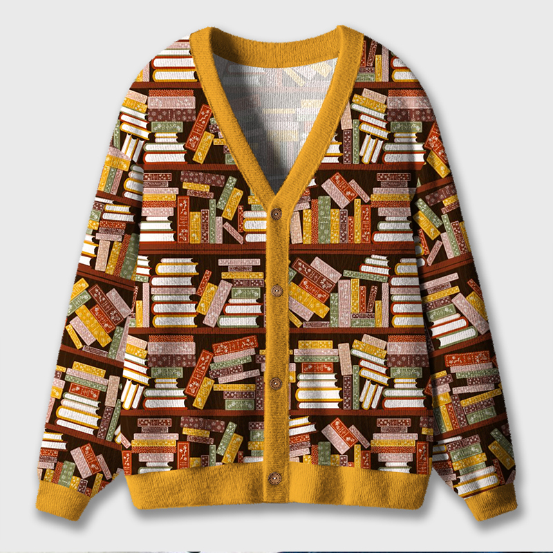 Cluttered Bookshelf Book Lover Teacher Ugly Cardigan Sweaters