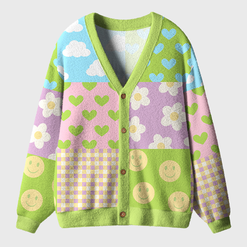 Colored Puzzle Flowers Smiling Faces Clouds Teacher Ugly Cardigan Sweaters