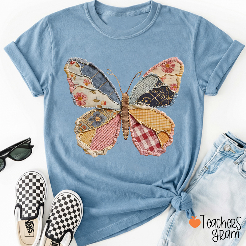 Comfort Colors Faux Patchwork Butterfly Teacher T-Shirt