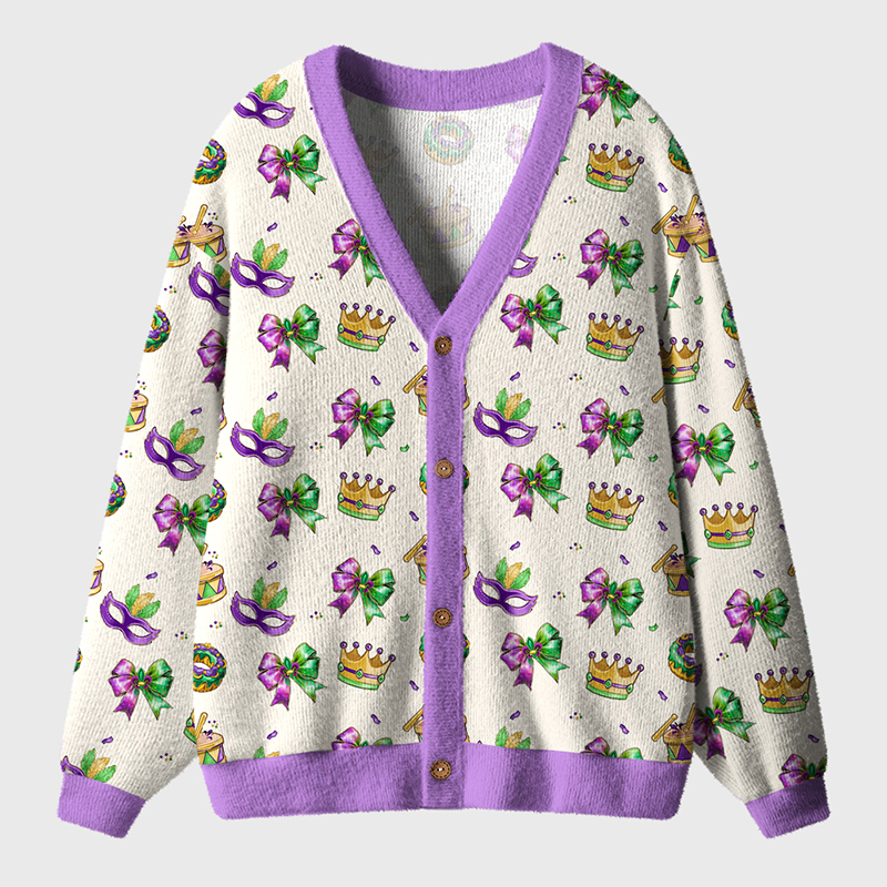 Coquette Bow Mask And Crown Happy Mardi Gras Teacher Ugly Cardigan Sweaters