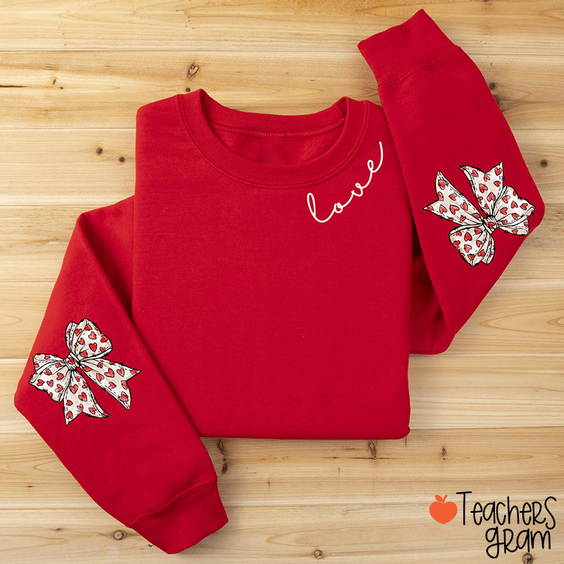 Coquette Bow Valentine's Love Heart Teacher Sleeve Print Sweatshirt