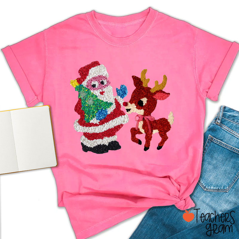 Santa And Rudolph Faux Melted Plastic Teacher T-Shirt