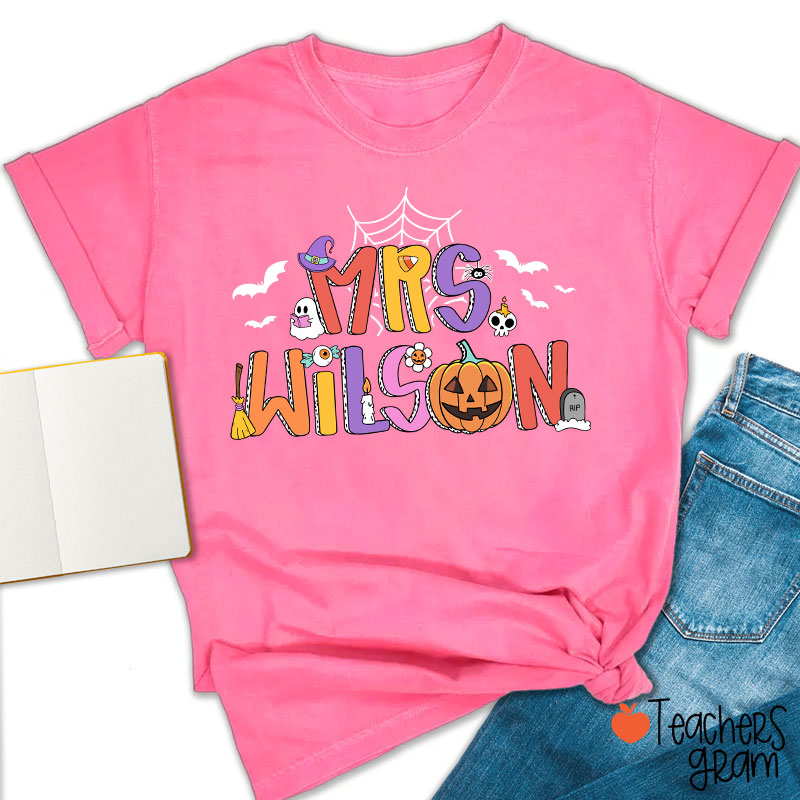Personalized Name Spider Web Ghost Pumpkin Teacher T-Shirt