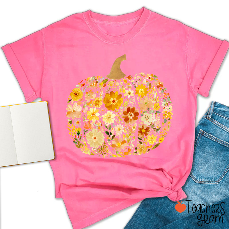 Pumpkin Orange Flowers Grass Teacher T-Shirt