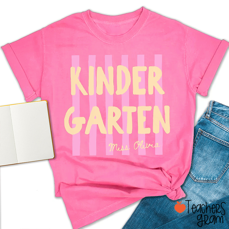 Personalized Grade And Name Pink Stripes Teacher T-Shirt