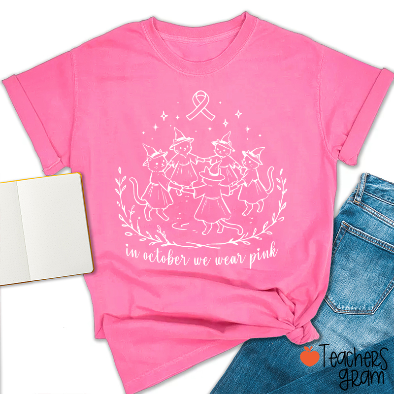 Cute Cat Witch In October We Wear Pink Nurse T‑Shirt